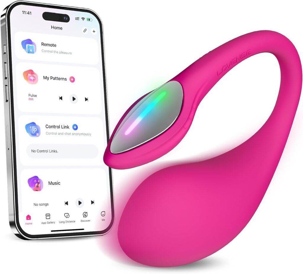Lovense Lush 4 pink G-spot vibrator with LED light display next to smartphone showing Lovense Remote app interface available at ToyLick
