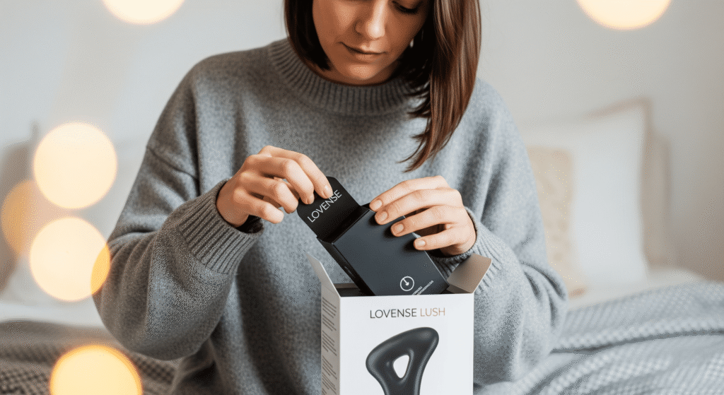 A woman unboxing a Lovense Lush product in a cozy bedroom, holding the packaging with a focused expression.