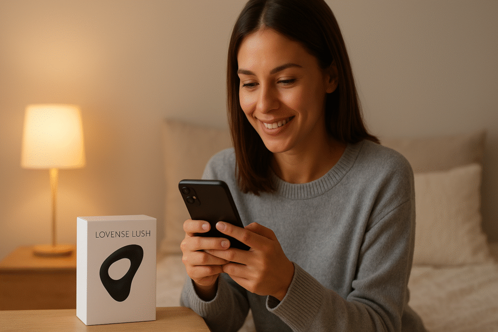 A young woman in a cozy bedroom using her smartphone with a discreet product box beside her, symbolizing the Lovense Lush app setup and guide. The image is portraying How to Use Lovense Lush.