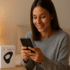 A young woman in a cozy bedroom using her smartphone with a discreet product box beside her, symbolizing the Lovense Lush app setup and guide. The image is portraying How to Use Lovense Lush.
