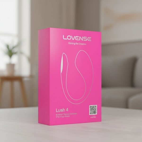 ToyLick's Lovense Lush 4 G-spot vibrator pink packaging box on white surface showing Bluetooth remote controlled design with 'Closing the Distance' tagline"
