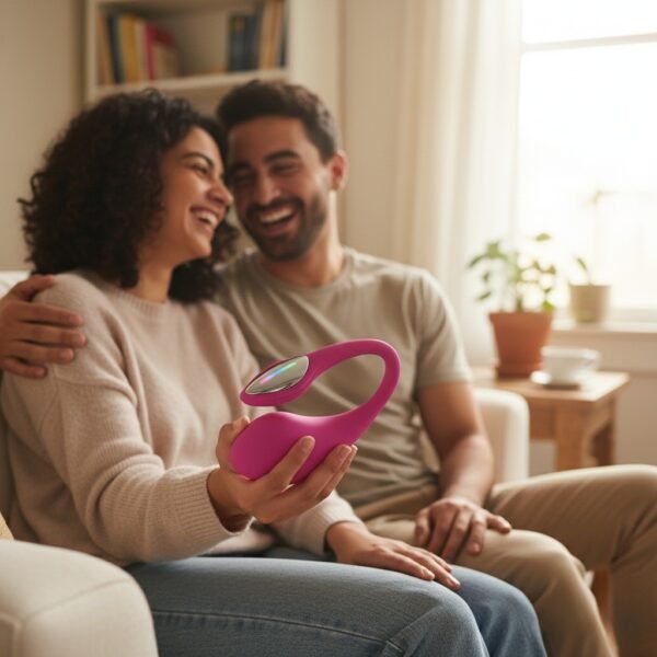 Happy couple on couch holding pink Lovense Lush 4 G-spot vibrator from ToyLick showing intimate connection and partner play experience