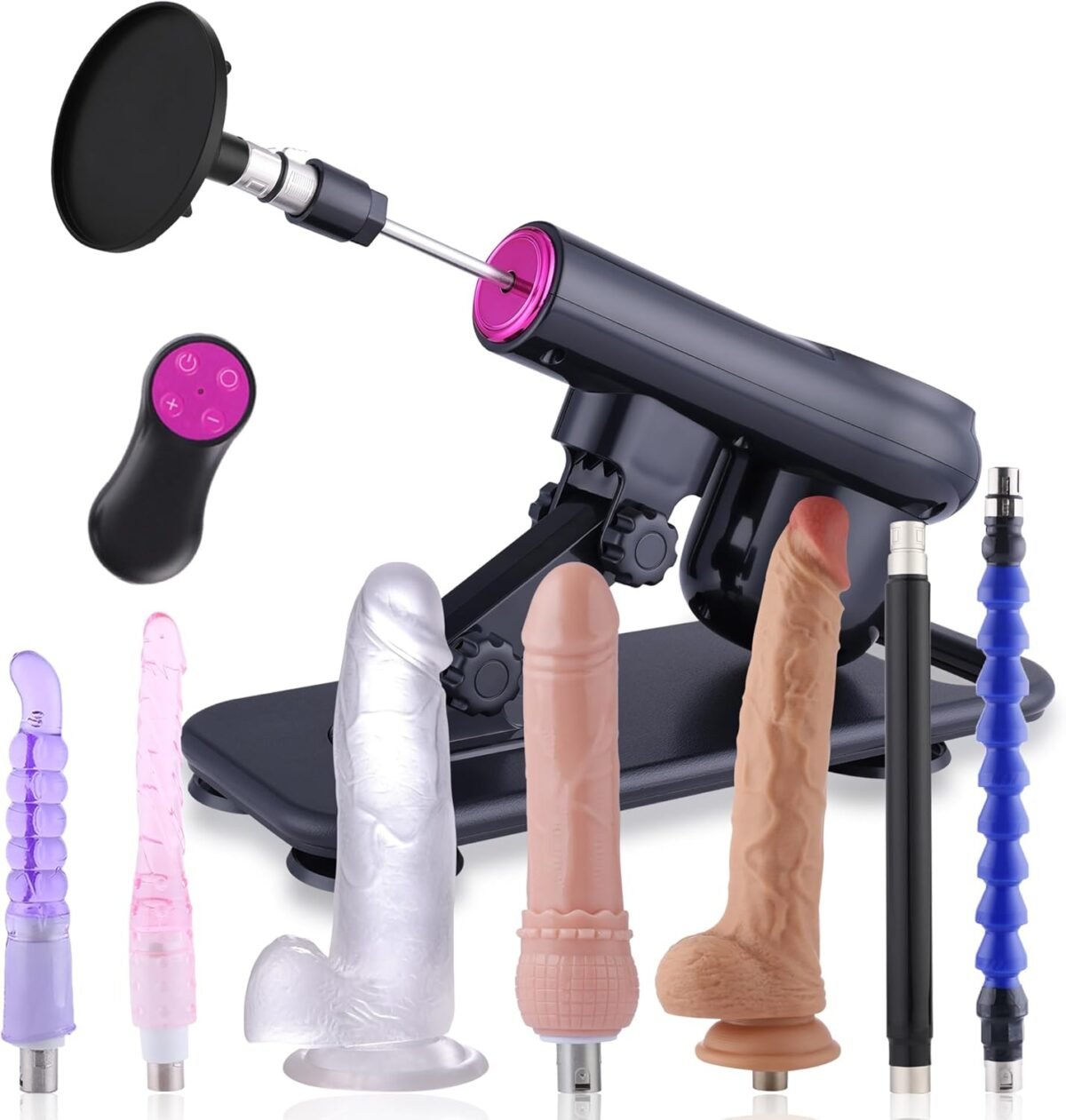 Premium auto thrusting sex machine with 3XLR connector, wireless remote control, 8 diverse attachments including realistic dildos, anal beads, and suction cup base for women