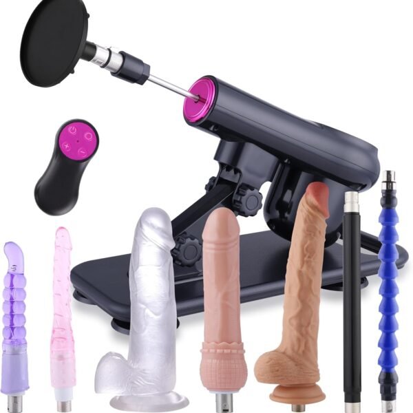 Premium auto thrusting sex machine with 3XLR connector, wireless remote control, 8 diverse attachments including realistic dildos, anal beads, and suction cup base for women
