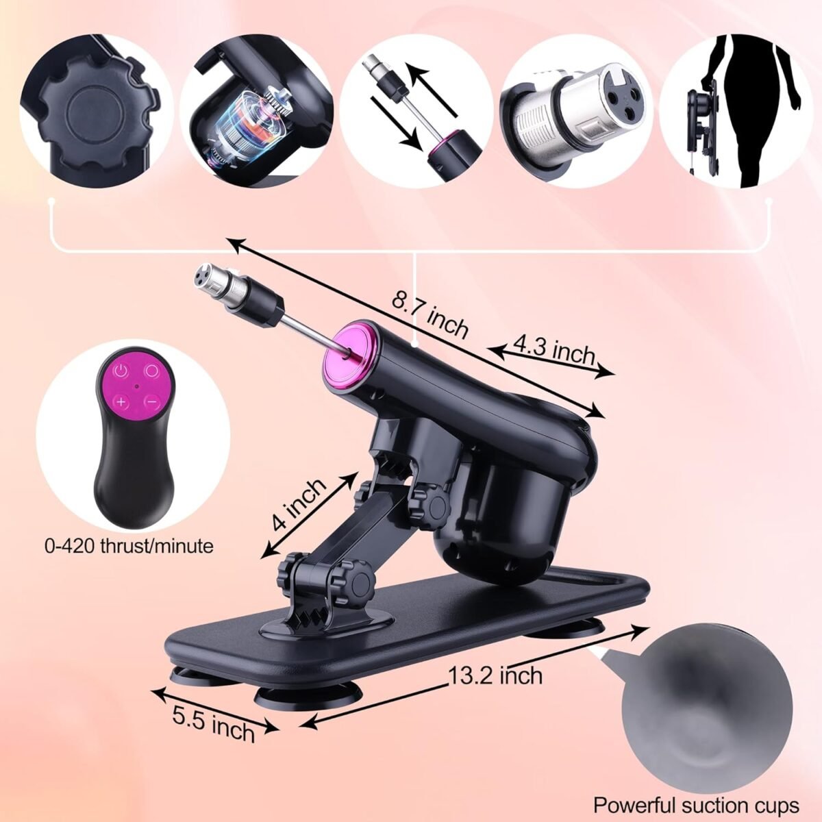 Detailed view of premium thrusting sex machine with suction cups, measurements, and 0-420 thrusts per minute.