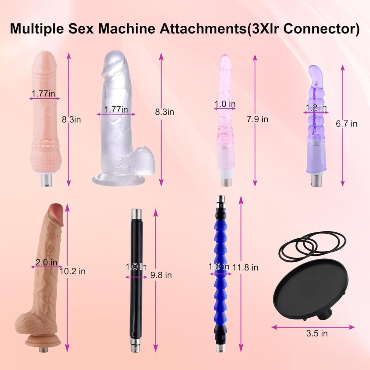 Sex machine attachment specifications showing 8 different attachments with 3XLR connector including realistic dildos, anal beads, and suction cup with detailed measurements