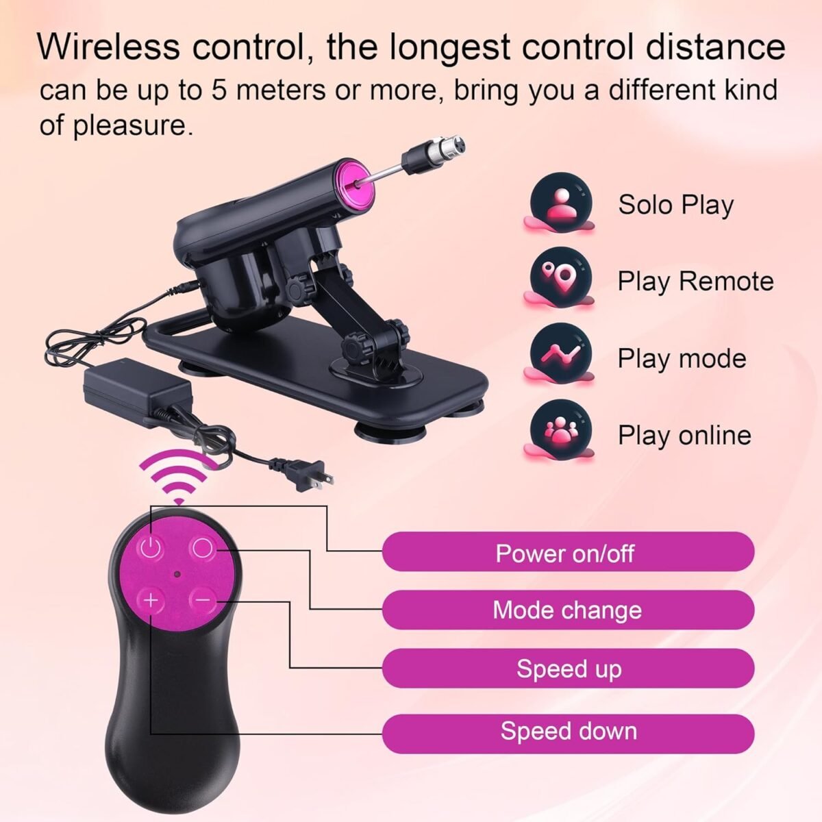 Automatic sex machine with wireless remote control showing play modes and 5-meter control range.
