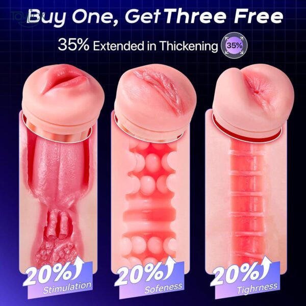 ToyLick 3-Sleeve Male Masturbator highlighting the 3 DIFFERENT INNER SLEEVES with different colors and textures for varied stimulation.