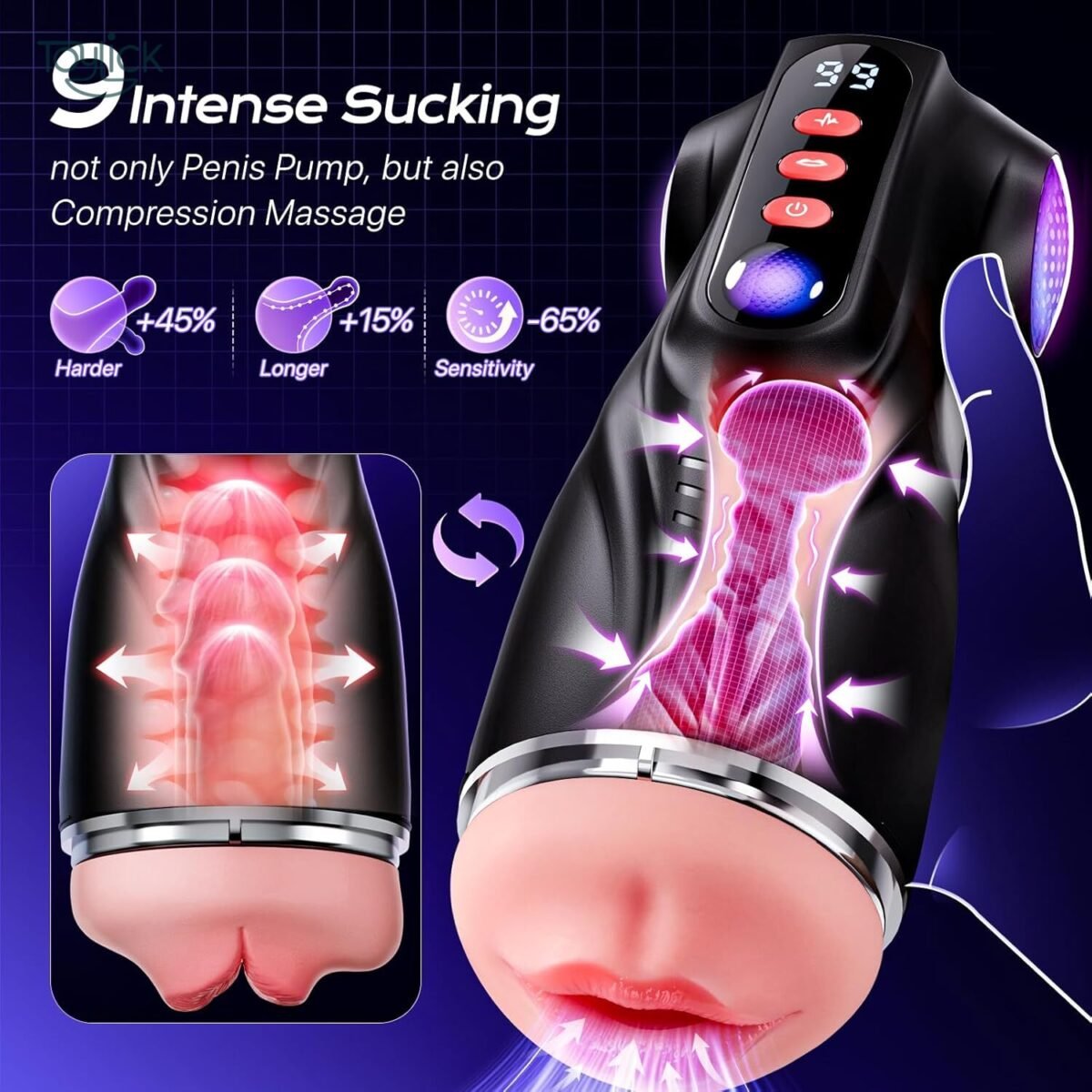 ToyLick 3-Sleeve Male Masturbator promoting the REALISTIC 3D INNER TEXTURE of the three interchangeable sleeves, showing close-ups of their distinct designs: Wavy Ribs, Bubbles, and Knobs.