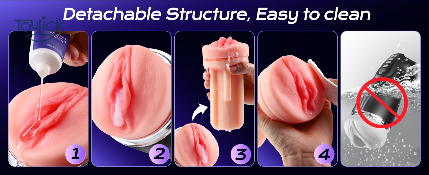 Easy Cleaning instructions for the ToyLick 3-Sleeve Male Masturbator, showing how to remove the sleeve from the shell and wash it with soap and water.