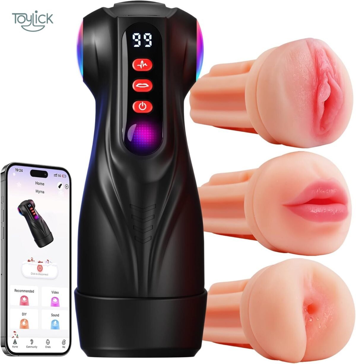 ToyLick 3-Sleeve Male Masturbator. Main image showing the black case, the three different colored and textured inner sleeves, and the packaging box.