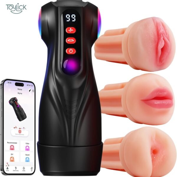 ToyLick 3-Sleeve Male Masturbator. Main image showing the black case, the three different colored and textured inner sleeves, and the packaging box.