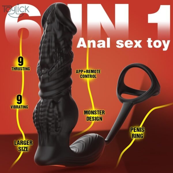 ToyLick 6-in-1 Prostate Massager showcasing the 3-MOTOR SYSTEM and 9 Modes of powerful vibration, with a diagram highlighting the motor placement and the vibrating zones.