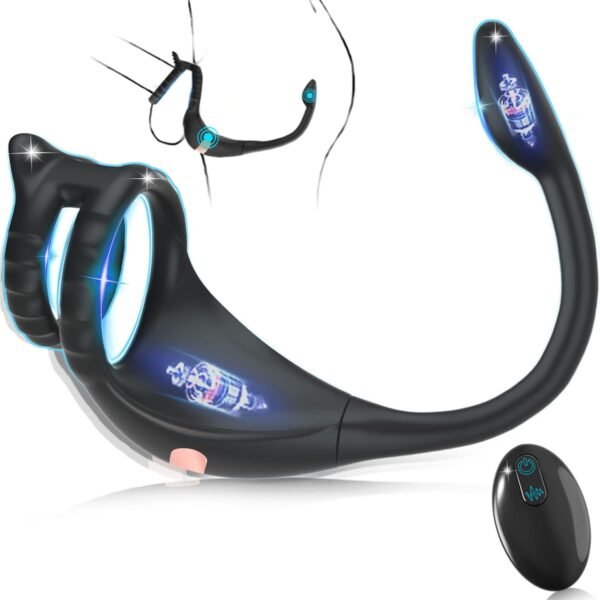 Remote Control Cock Ring with Prostate Massager featuring dual motors, flexible dual rings, mini bullet anal plug and wireless remote control on white background