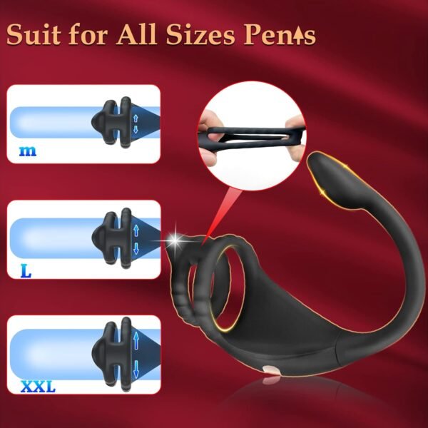 Diagram illustrating the adjustable sizing of a silicone vibrating cock ring. The central image shows a hand squeezing the flexible ring. Three insets labeled M, L, and XXL show how the ring's internal tabs adjust to fit different sizes, with the text "Suit for All Sizes Penis" at the top.