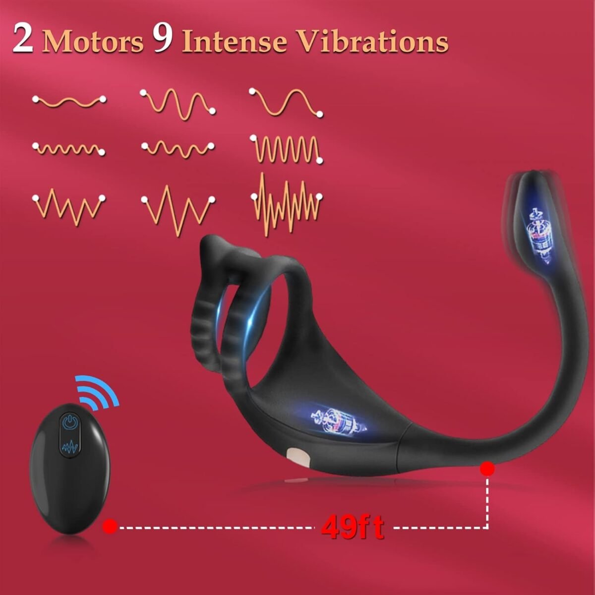 Image of the vibrator and its remote control, against a red background. Text states "2 Motors 9 Intense Vibrations." A grid shows nine different vibration patterns as squiggly lines. A diagram illustrates the remote control's operating range is 49ft