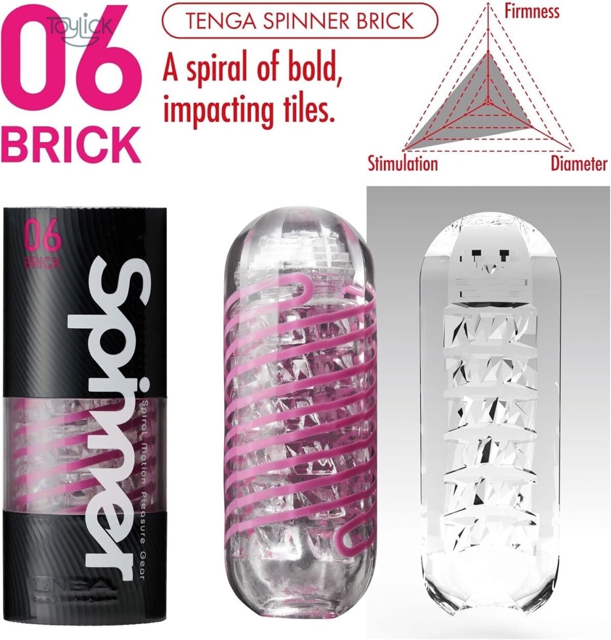 TENGA Spinner BRICK SPN-006. Image shows the packaging and device, describing the inner sleeve as "A spiral of bold, impacting tiles." Includes a radar chart showing high Stimulation, medium Firmness, and medium Diameter.