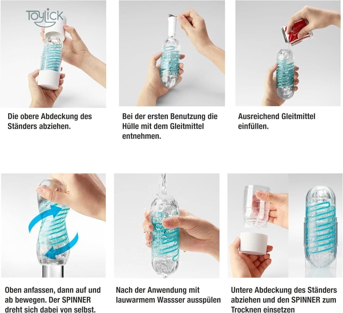 TENGA Spinner SPN-006 instructions shown in German. Steps include removing the top cap, removing the sleeve, filling with lubricant, using it with up and down motion, rinsing with lukewarm water, and replacing it on the stand for drying.