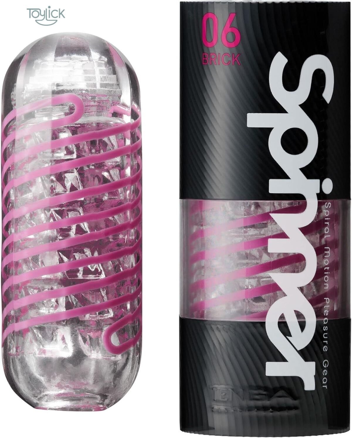 TENGA Spinner SPN-006 Spiral Motion Male Masturbator (Brick). Product shown next to its packaging, featuring a clear sleeve with a distinctive pink spiral band.