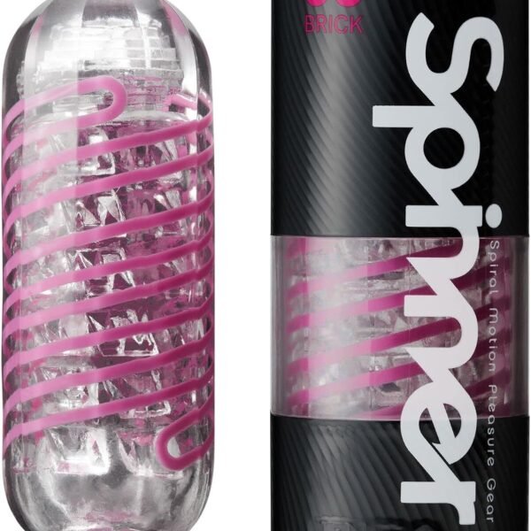 TENGA Spinner SPN-006 Spiral Motion Male Masturbator (Brick). Product shown next to its packaging, featuring a clear sleeve with a distinctive pink spiral band.