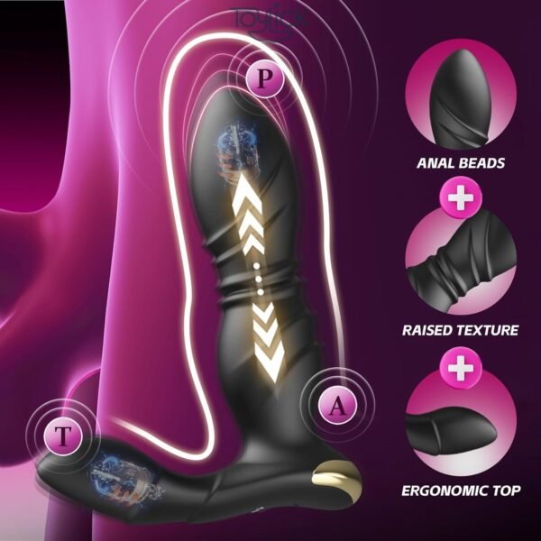 ToyLick App Control Prostate Massager highlighting the 2 POWERFUL SEPARATE MOTORS and 9 Modes each for Thrusting and Vibration, with a diagram showing the movement.
