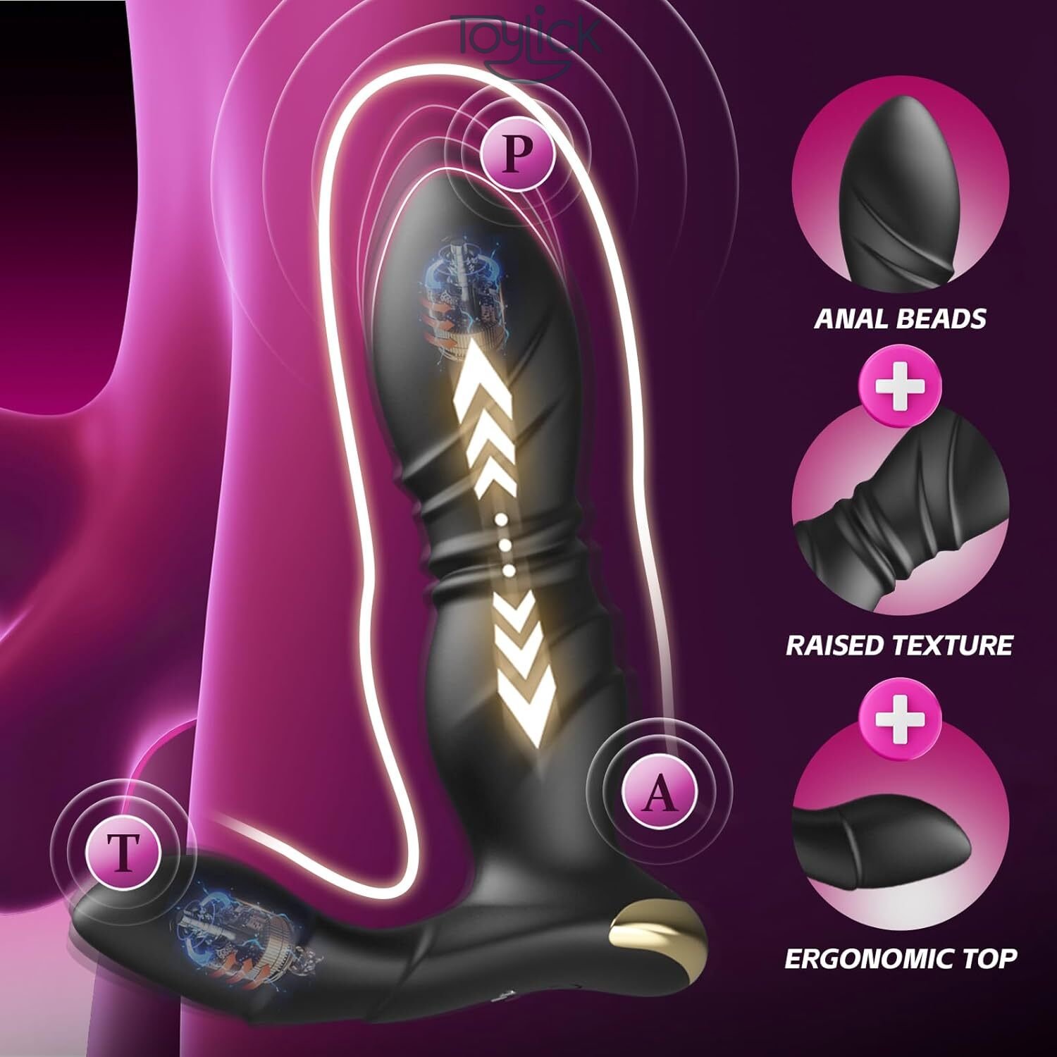 app-control-prostate-massager-with-9-thrusting-9vibration-speed-2-separate-motors-toylick-1 ToyLick App Control Prostate Massager highlighting the 2 POWERFUL SEPARATE MOTORS and 9 Modes each for Thrusting and Vibration, with a diagram showing the movement.