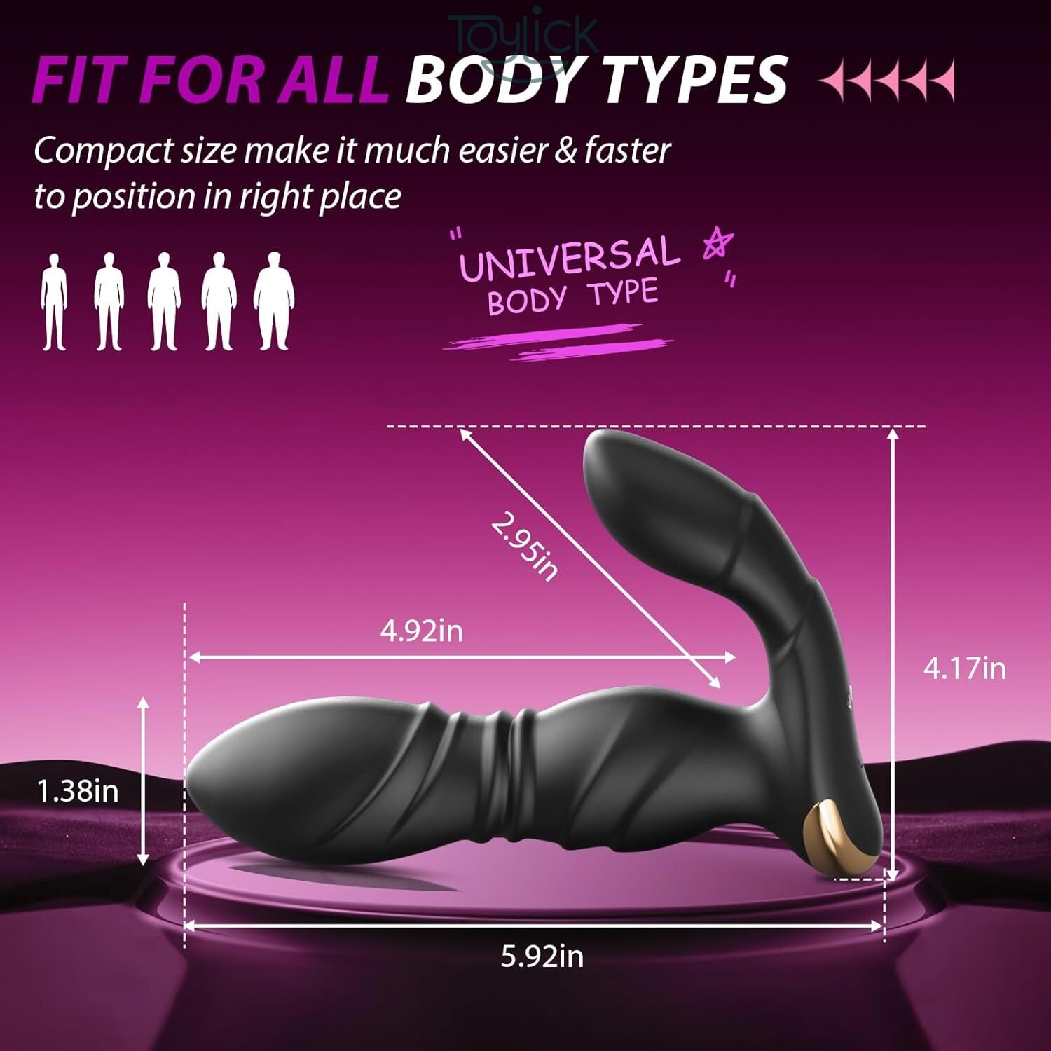 app-control-prostate-massager-with-9-thrusting-9vibration-speed-2-separate-motors-toylick-3 ToyLick App Control Prostate Massager detailing the 100% Body Safe Silicone material, 100% Waterproof design, and USB Magnetic Charging capability.