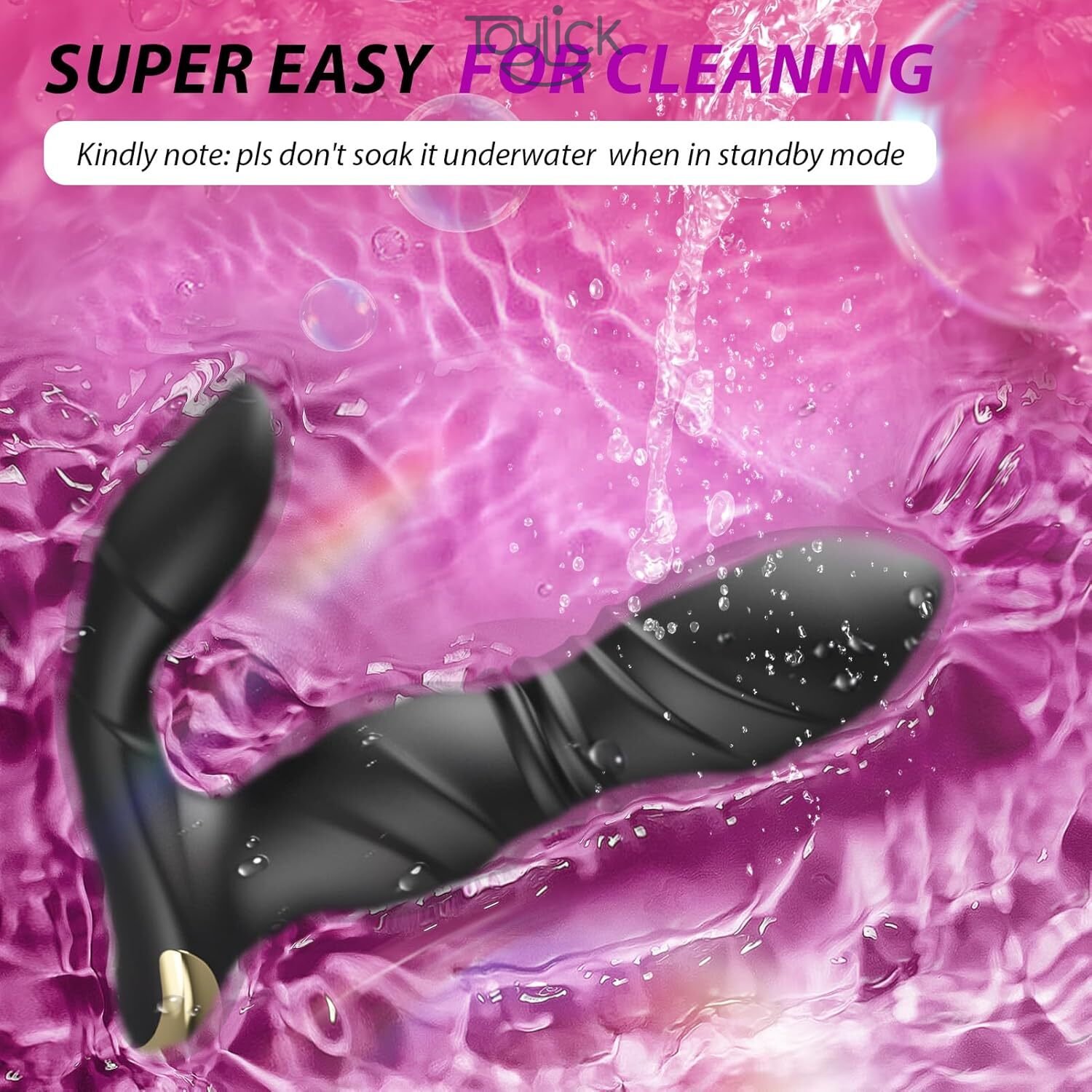 app-control-prostate-massager-with-9-thrusting-9vibration-speed-2-separate-motors-toylick-5 ToyLick App Control Prostate Massager promoting Hands-Free Fun with a diagram showing the device being worn and stimulating both the prostate and perineum.