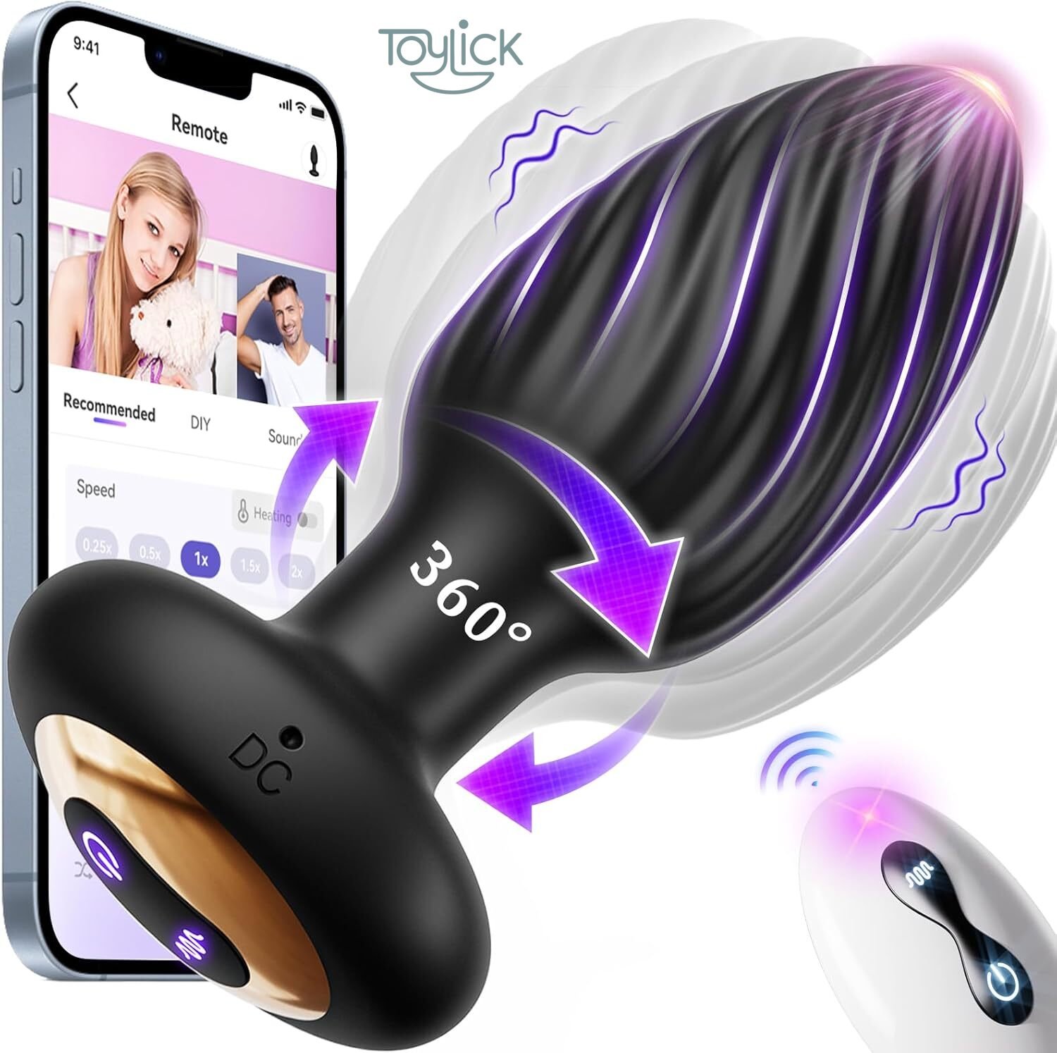 app-controlled-vibrating-but-plug-with-360-rotations-and-9-speed-toylick-main ToyLick App-Controlled Vibrating Butt Plug. Main view of the black silicone butt plug, highlighting its unique rotating head and flared base.