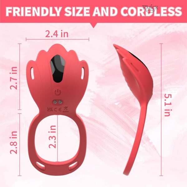 A size guide for the Toylick panty vibrator, titled "FRIENDLY SIZE AND CORDLESS." It provides front and side views of the red device with detailed measurements, showing it is 5.1 inches long and has various width and height dimensions.