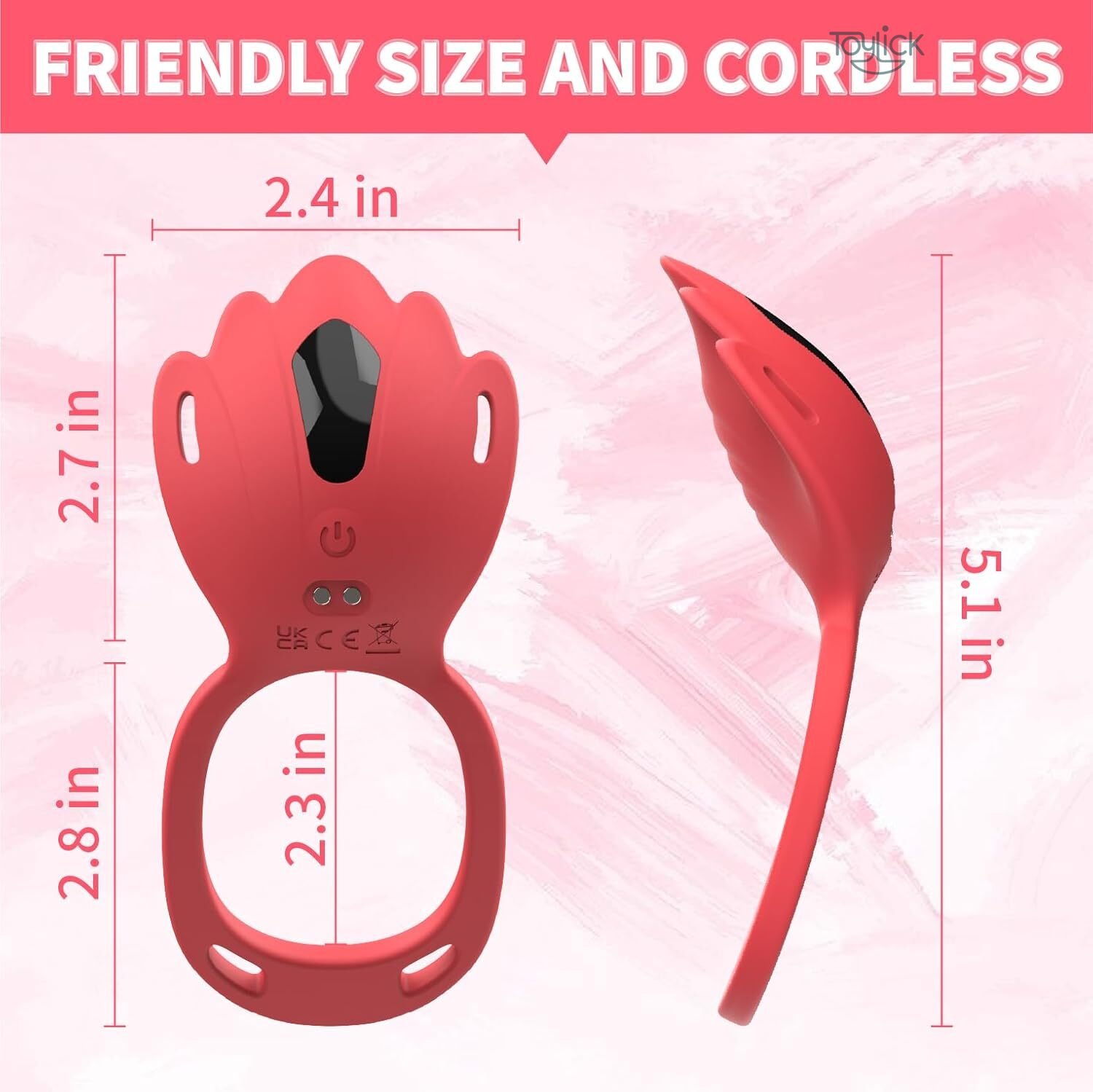 app-remote-control-wearable-panty-vibrator-with-9-vibration-modes-clitoral-stimulator-toylick-1 A size guide for the Toylick panty vibrator, titled "FRIENDLY SIZE AND CORDLESS." It provides front and side views of the red device with detailed measurements, showing it is 5.1 inches long and has various width and height dimensions.