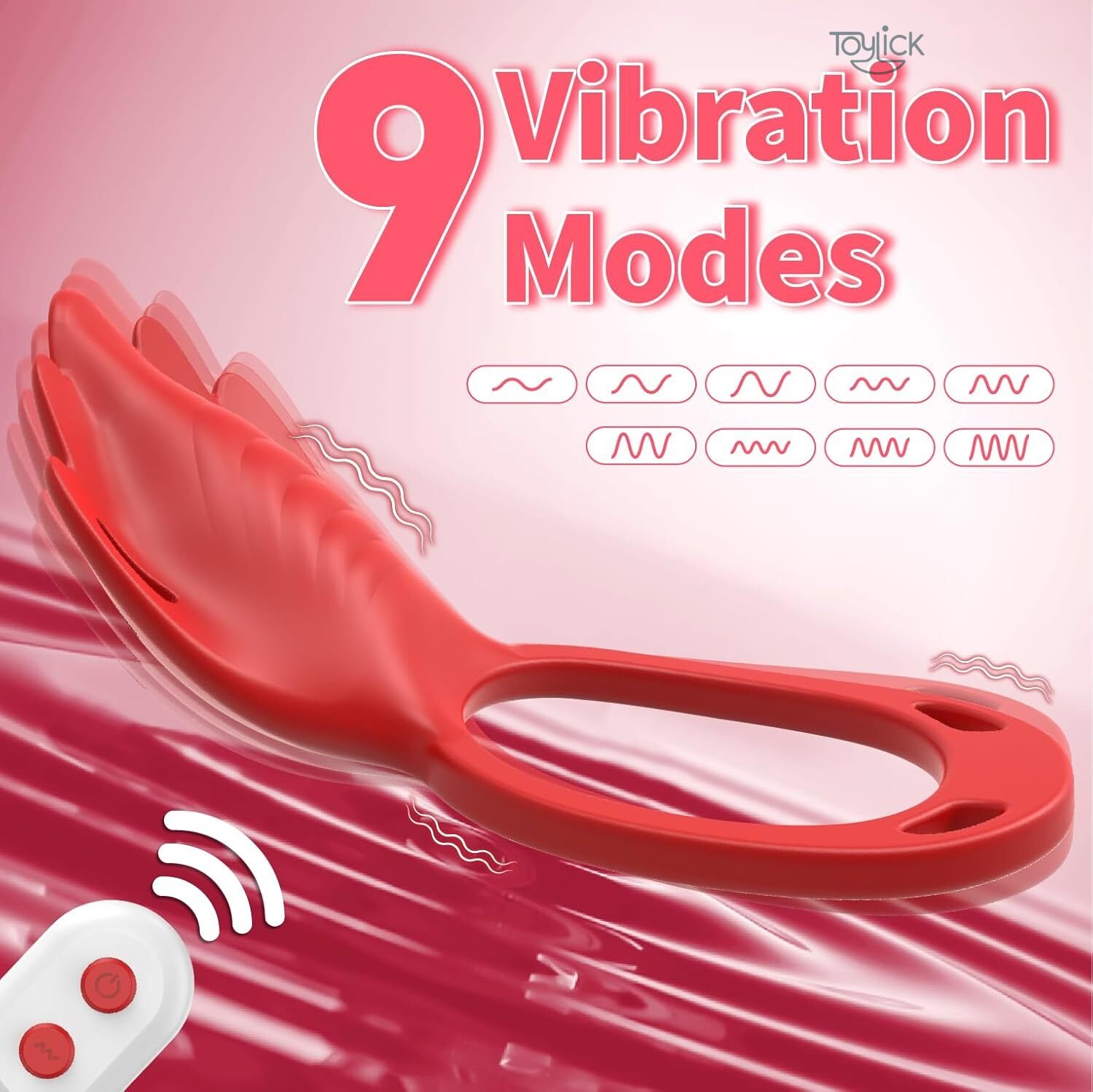 app-remote-control-wearable-panty-vibrator-with-9-vibration-modes-clitoral-stimulator-toylick-2 A promotional image for a Toylick vibrator showcasing its "9 Vibration Modes." The red, wearable toy is shown with a motion effect, and nine different wave patterns are displayed as icons. A white remote control is visible in the corner.