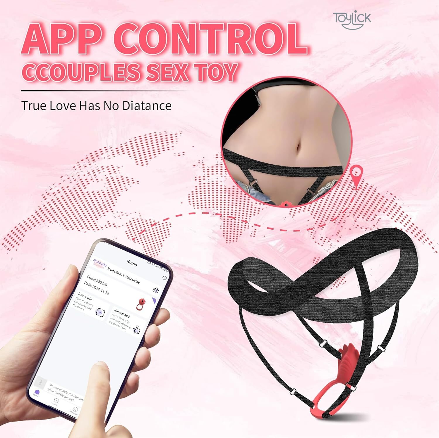 app-remote-control-wearable-panty-vibrator-with-9-vibration-modes-clitoral-stimulator-toylick-5 An advertisement highlighting the "APP CONTROL" feature for the Toylick wearable vibrator. It depicts a smartphone with the control app open, connected by a dotted line across a world map to a person wearing the toy, illustrating the concept of long-distance control.