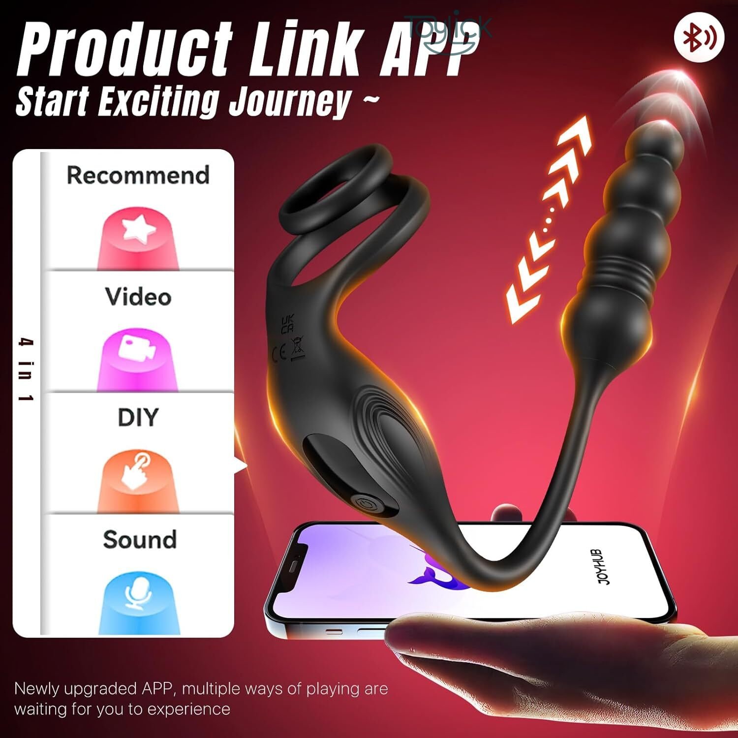 app-thrusting-prostate-massager-with-remote-control-10 vibration-modes-toylick-5 ToyLick App Thrusting Prostate Massager emphasizing the 100% Body Safe Silicone material and its Waterproof Design for easy cleaning and use in the shower.