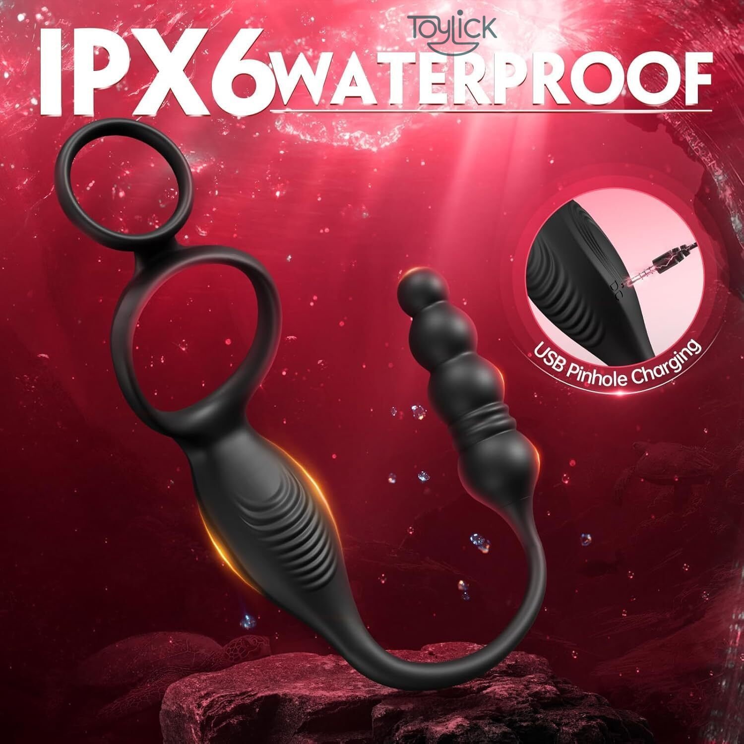 app-thrusting-prostate-massager-with-remote-control-10 vibration-modes-toylick-6 ToyLick App Thrusting Prostate Massager package contents, listing the massager, the remote control, and the USB charging cable.