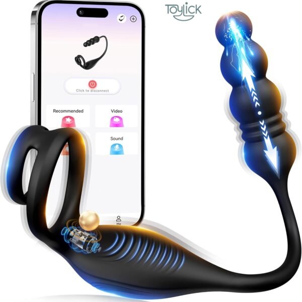 ToyLick App Thrusting Prostate Massager. Main view of the black silicone massager showing the curved tip, the control button, and the included wireless remote control.