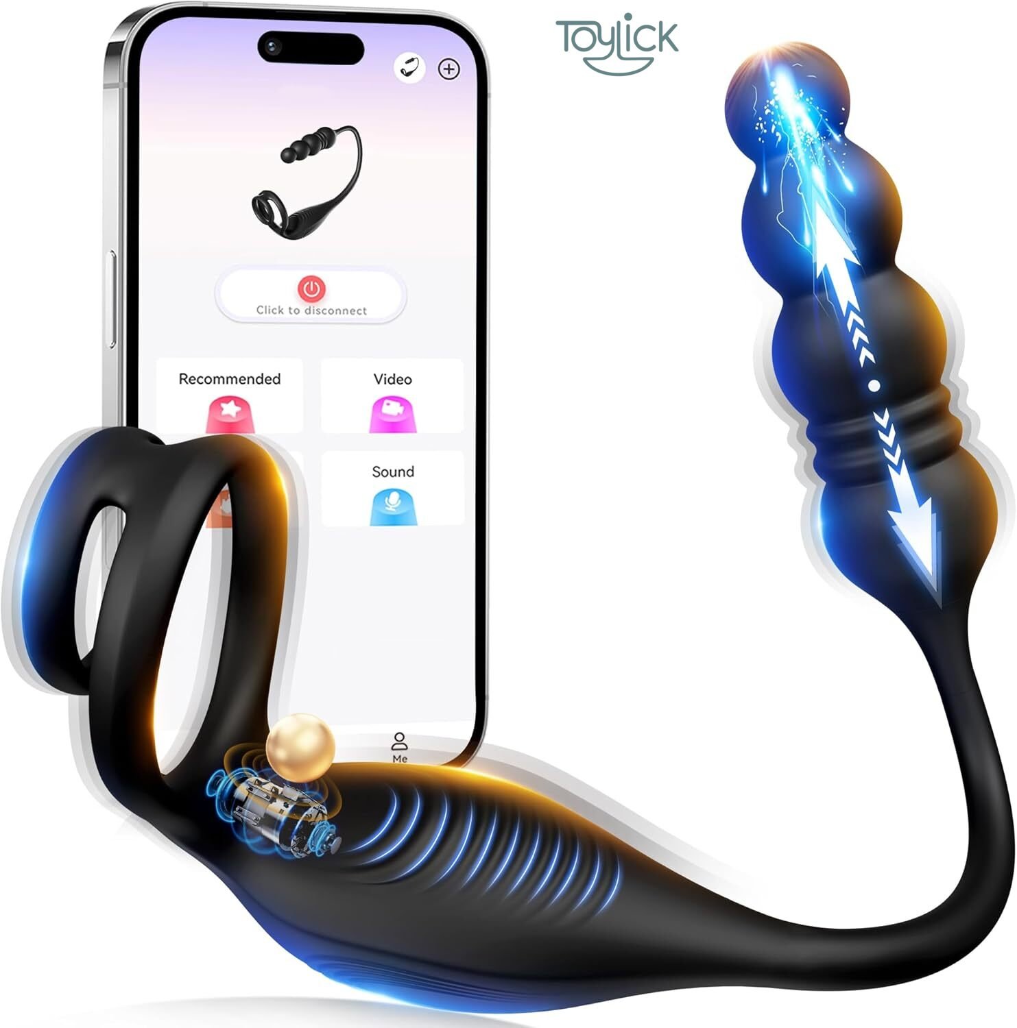 app-thrusting-prostate-massager-with-remote-control-10 vibration-modes-toylick-main ToyLick App Thrusting Prostate Massager. Main view of the black silicone massager showing the curved tip, the control button, and the included wireless remote control.