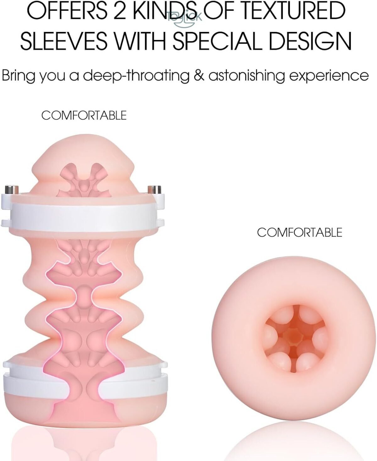 A visual comparison of the two realistic textured sleeves included with the masturbator cup, highlighting their internal design for a "deep-throating & astonishing experience".
