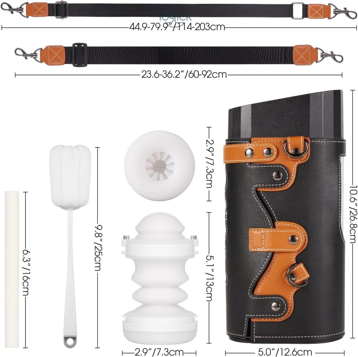 A detailed product dimensions and contents image, showing the size of the device, the two adjustable straps, the two internal sleeves, a cleaning brush, and a cleaning rod.