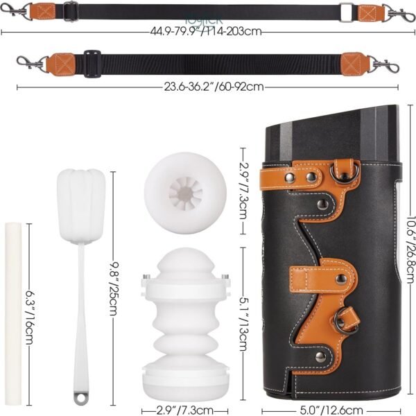 A detailed product dimensions and contents image, showing the size of the device, the two adjustable straps, the two internal sleeves, a cleaning brush, and a cleaning rod.