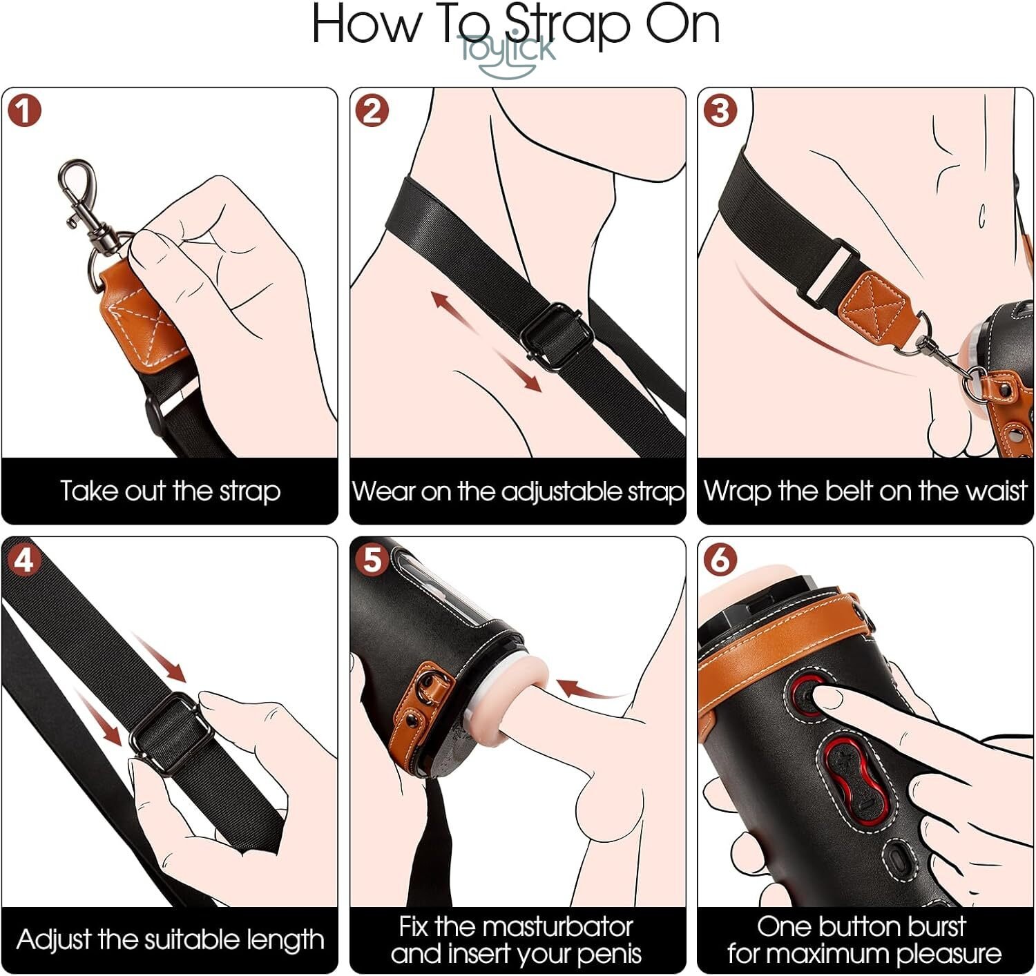 A six-step infographic demonstrating "How To Strap On" the Automatic Male Masturbator Cup, showing how to assemble the adjustable strap for hands-free use and activate the "One button burst" mode.