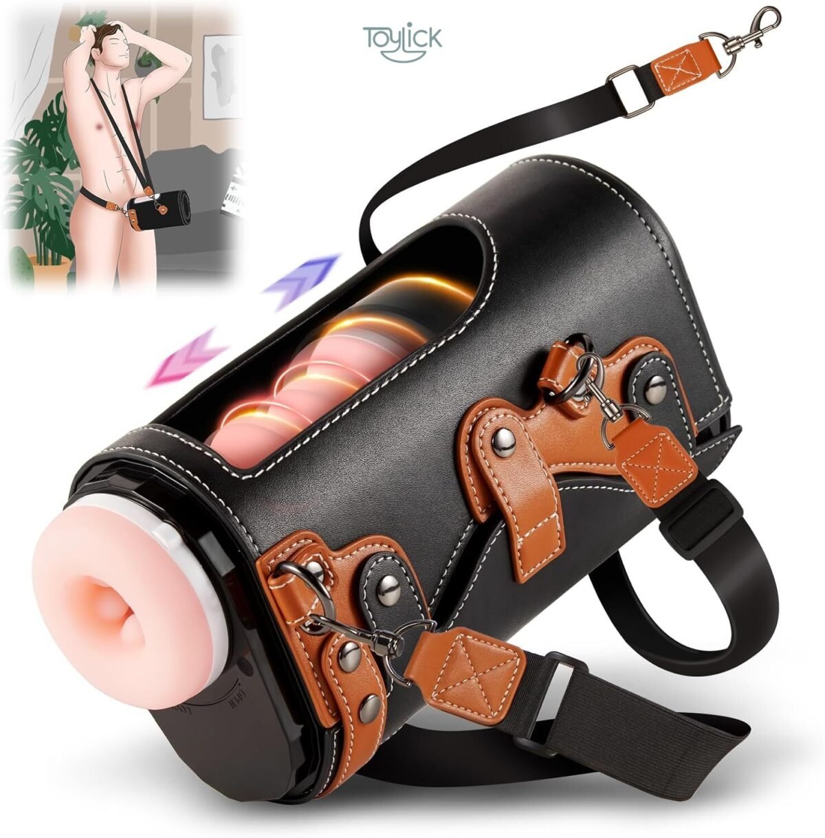 Promotional image showing the Automatic Male Masturbator Cup in its black carrying case with an over-the-shoulder strap, superimposed over an illustration of a man wearing the device hands-free.
