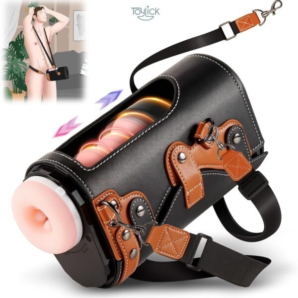Promotional image showing the Automatic Male Masturbator Cup in its black carrying case with an over-the-shoulder strap, superimposed over an illustration of a man wearing the device hands-free.
