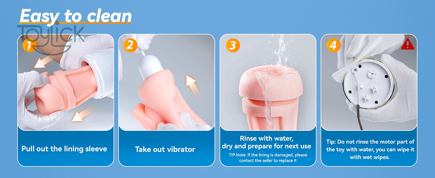 Easy cleaning instructions for the ToyLick Automatic Sucking Male Stroker with 7 Vibration, showing four steps: pulling out the lining, taking out the vibrator, rinsing with water, and wiping the motor part.