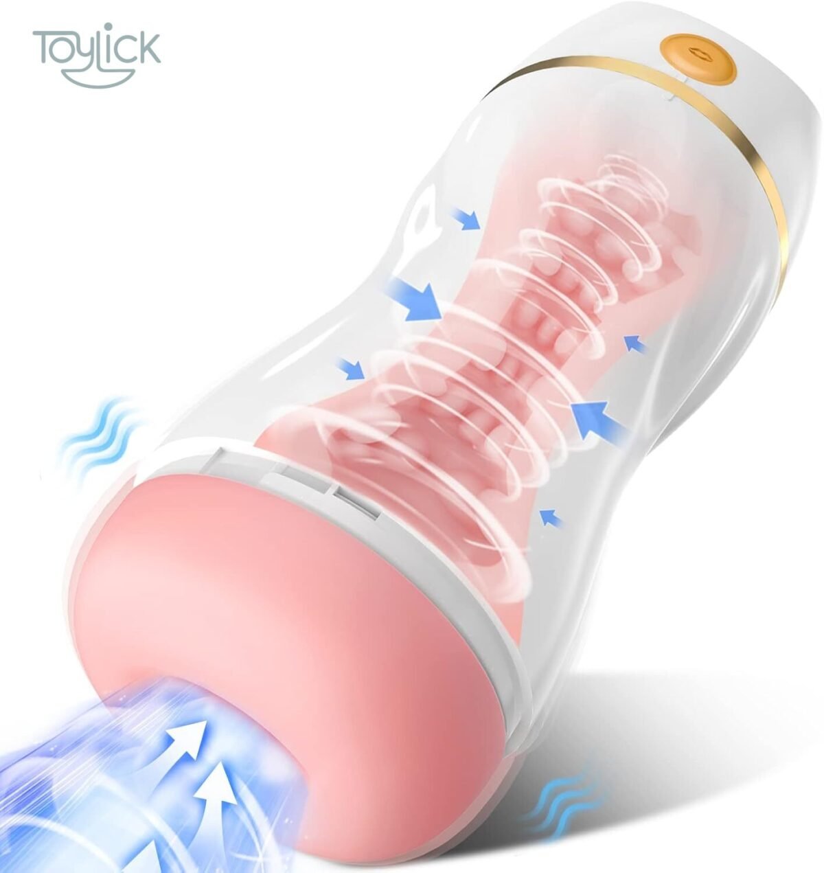 ToyLick Automatic Sucking Male Stroker with 7 Vibration. A white and pink device with a clear outer shell, highlighting internal suction structure with blue arrows and swirling lines.