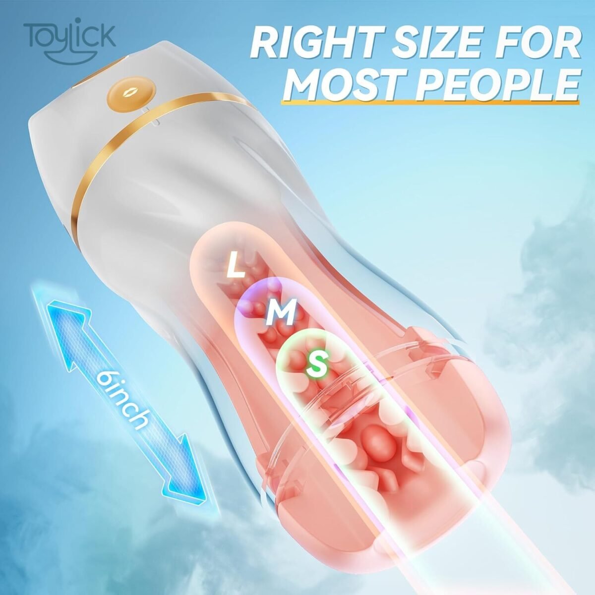 ToyLick Automatic Sucking Male Stroker with 7 Vibration, emphasizing its size suitability, with glowing sections labeled "L," "M," and "S," and text: "RIGHT SIZE FOR MOST PEOPLE" with a length of "6inch."