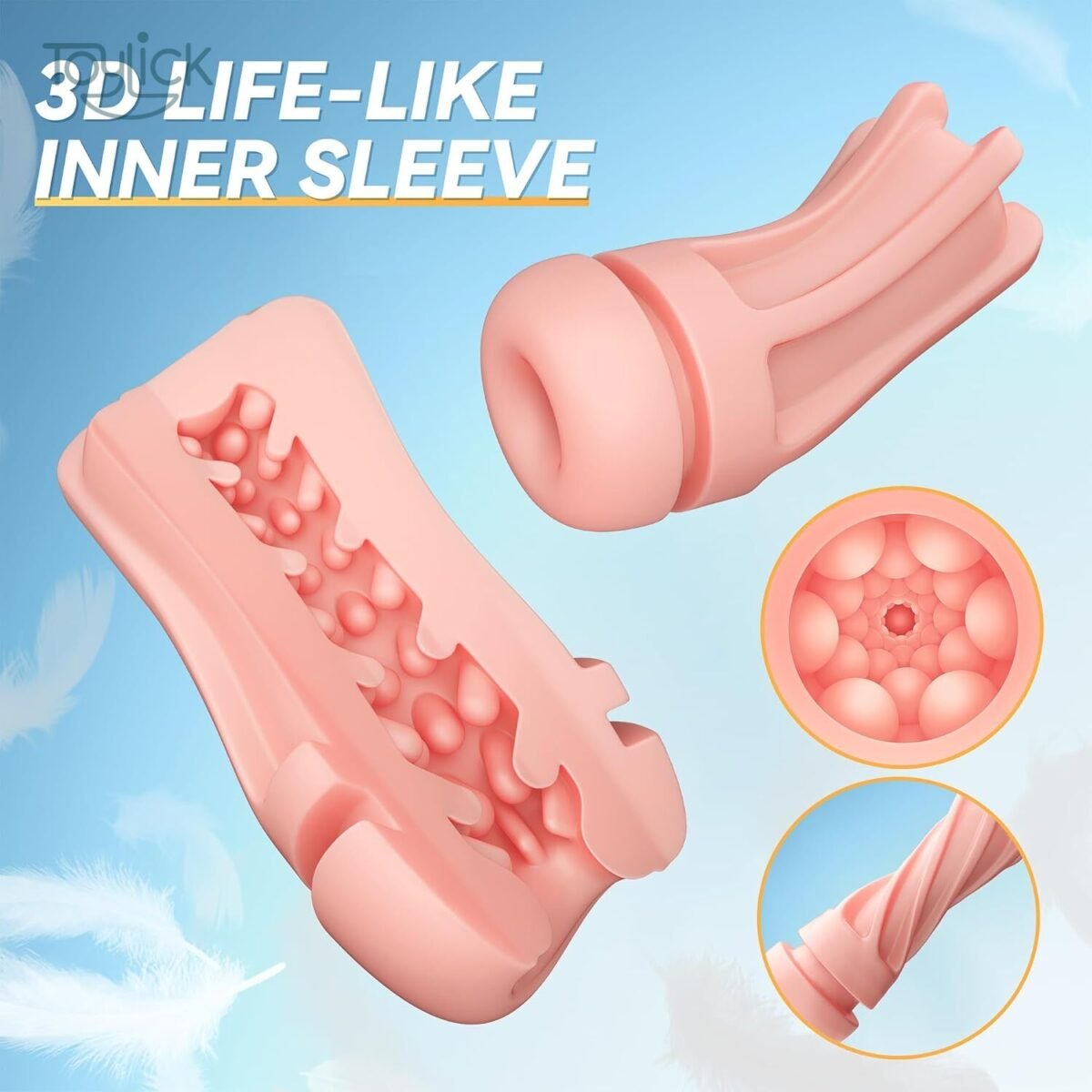 Close-up of the textured, pink 3D life-like inner sleeve of the ToyLick Automatic Sucking Male Stroker with 7 Vibration, shown both flat and from the opening.