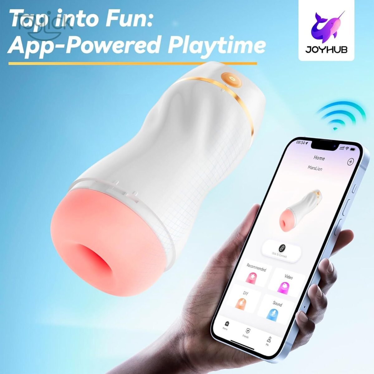 App-controlled ToyLick Automatic Sucking Male Stroker with 7 Vibration, shown next to a smartphone displaying the "JOYHUB" app interface. Text: "Tap into Fun: App-Powered Playtime."