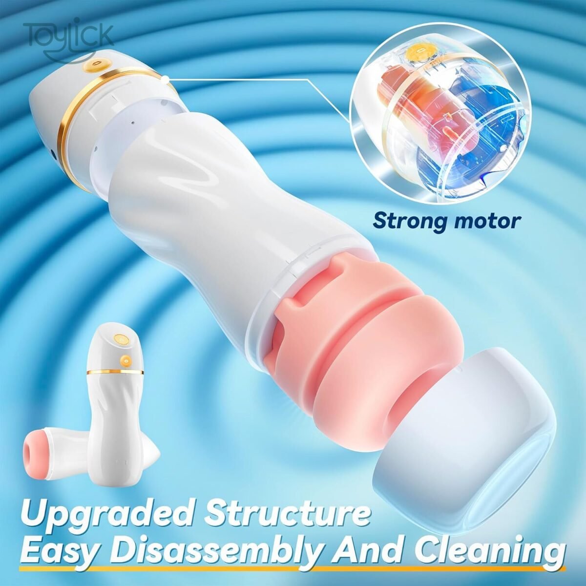 Exploded view of the ToyLick Automatic Sucking Male Stroker with 7 Vibration, showing its disassembled components, including the inner sleeve and strong motor, highlighting its upgraded structure for easy cleaning.
