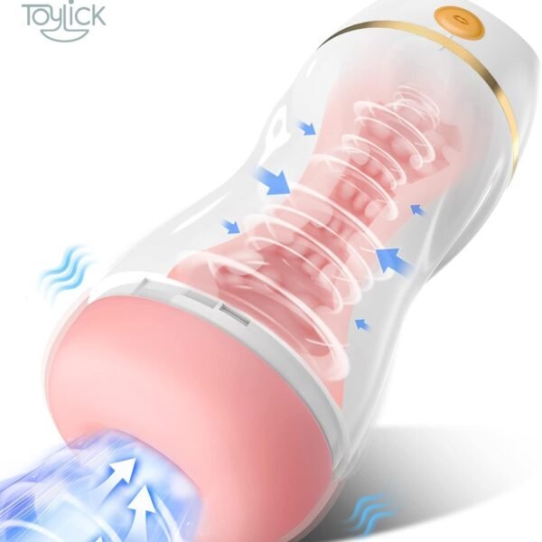 ToyLick Automatic Sucking Male Stroker with 7 Vibration. A white and pink device with a clear outer shell, highlighting internal suction structure with blue arrows and swirling lines.